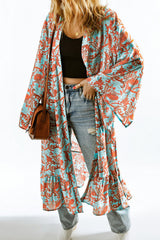 Sky Blue Boho Retro Floral Print Long Sleeve Oversized Kimono