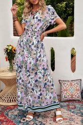 Purple Buttons Closure Floral Short Sleeves Maxi Dress