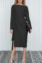 Black Satin Wrap Tie Side Boat Neck Long Sleeve Dress