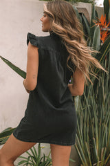 Black Ruffled Cap Sleeves Button Up Denim Dress