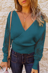 Blue Sexy V Neck Surplice Hollow-out Sweater with Lace Sleeves
