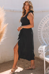 Black Tie Shoulder Smocked Back Side Slit Maxi Dress