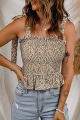 Khaki Floral Print Tie Straps Smocked Peplum Vest