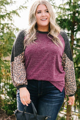 Multicolor Leopard Colorblock Long Sleeve Plus Size Top