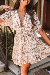 Pink Floral Print Smocked High Waist Deep V Neck Mini Dress