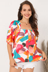 Multicolor Square Neck Abstract Print Short Sleeve Blouse
