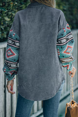 Gray Aztec Pattern Sleeve Pocketed Corduroy Shacket