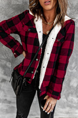 Red Plaid Print Fleece Button Jacket