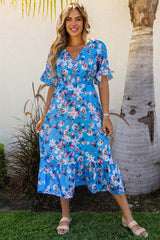Blue Ruffle Short Sleeve Bohemian Flower Long Dress