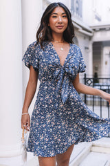 Blue Floral Print Tie Knot Ruffled Short Sleeve Mini Dress