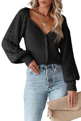 Black Pearl Embellished Puff Sleeve V Neck Cardigan