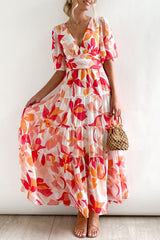 Red Short Puff Sleeve Floral Tiered Maxi Dress