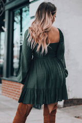 Green Ruched Square Neck Puff Sleeve Mini Dress