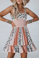 Orange Leopard Color Block Sleeveless Smocked Fit Flare Dress