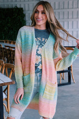 Green Gradient Knit Open Cardigan with Pockets
