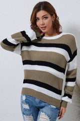Gray Striped Colorblock Pattern Knit Sweater