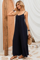 Black Frilled Neckline Backless Wide Leg Jumpsuit
