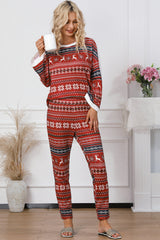 Red Reindeer Geometric Print Top and Skinny Pants Lounge Set