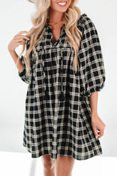 Black Plaid Print Notched Neck Puff Sleeve Babydoll Dress