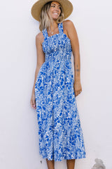Blue Floral Print Smocked Criss Cross Tie Back Midi Dress