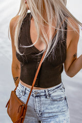 Brown V Neck Buttoned Ribbed Knit Cropped Sweater Vest