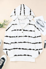 White Striped Drawstring Button Long Sleeve Hoodie