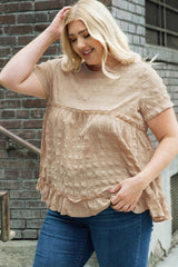 Khaki Plus Size Crinkle Textured Ruffle Trim Babydoll Top