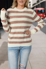 Brown Striped Round Neck Casual Sweater