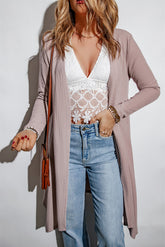 Khaki Draped Open Front Waffle Knit Cardigan