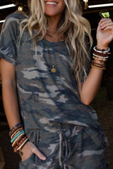 Green Classic Camo Print Slouchy Loungewear Shorts Set