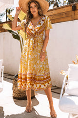 Yellow Floral Wrapped V Neck Tied Ruffled Sleeves Midi Dress