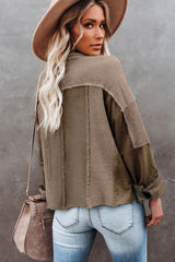 Brown Ripped Seam Detail Button Up Waffle Knit Jacket