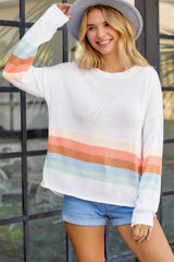 White Ribbed Round Neck Striped Sweater