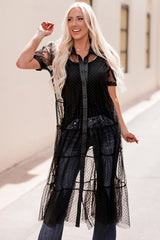 Black Polka Dot Button Up Short Sleeve Sheer Kimono