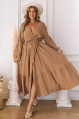 Brown V Neck Wrap Long Sleeve Dress