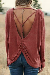 Pink Hollow-out Ruched Back Long Sleeve Top