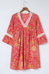 Multicolor Crochet V Neck 3/4 Sleeves Ruffle Dress