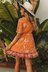 Yellow Self-tie Front Cut-out Floral Dress