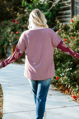 Purple Floral Accent Puff Sleeves Plus Size Thermal Top