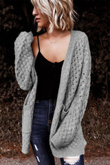 Gray Open Front Woven Texture Knitted Cardigan with Pockets