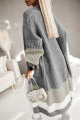 Gray Colorblock Cable Knit Side Pockets Duster Cardigan