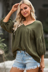 Green Textured V Neck Bracelet Sleeve Babydoll Blouse