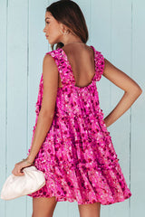 Rose Tiered Ruffled Square Neck Sleeveless Floral Mini Dress