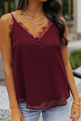 Red Eyelash Lace Trim Textured Cami Top