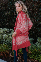 Red Contrast Trim Belted Chunky Cardigan