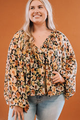 Multicolor Plus Size Floral V-Neck Long Sleeve Blouse