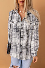 White Plaid Print Pocketed Shirt Jacket