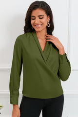Green Solid Wrap V Neck Long Sleeve Top