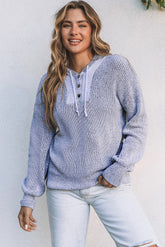 Gray Henley V Neck Hooded Sweater