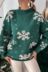 Blackish Green Christmas Snowflake Mock Neck Sweater